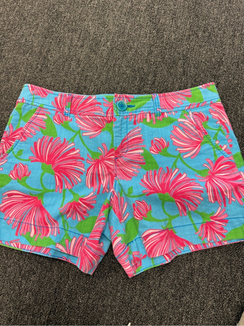 Lilly Pulitzer Aqua Shorts with Hot Pink Floral Print